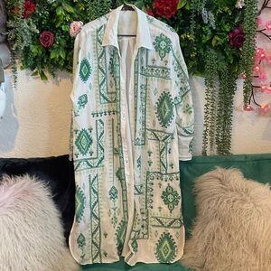 Zara White Button-Down with Green Geometric Print